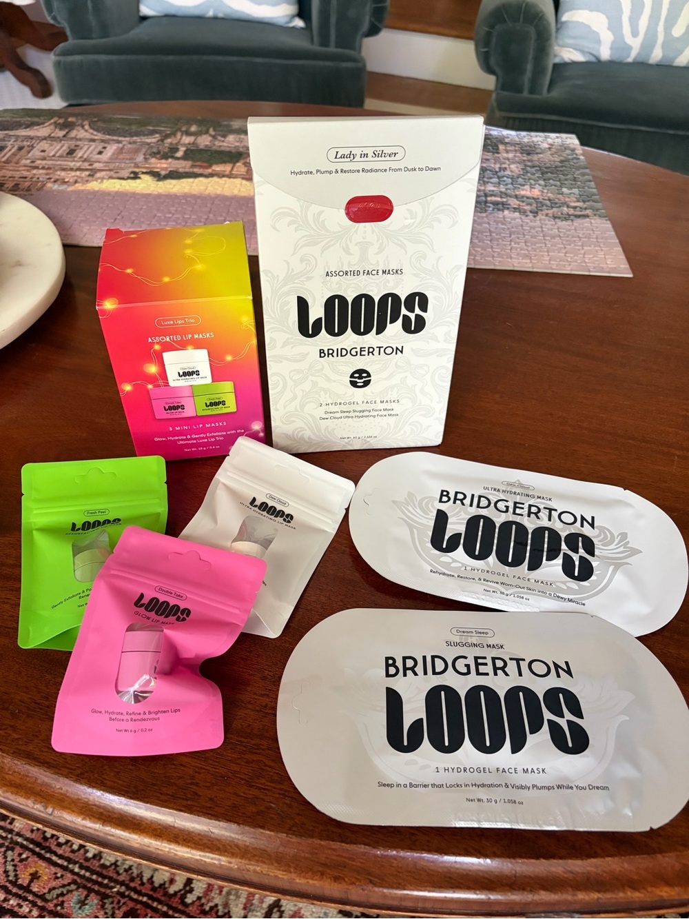 NWT Loops Beauty x Bridgerton Face Mask Set and Luxe Lips Trio Mini Lip Mask Set